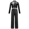 Girls Shiny Sequins Dance Crop Top Mock Neck Long Sleeve High Waist Wide Leg Pants Set