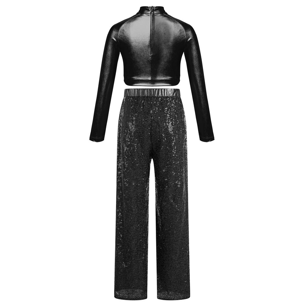 Girls Shiny Sequins Dance Crop Top Mock Neck Long Sleeve High Waist Wide Leg Pants Set
