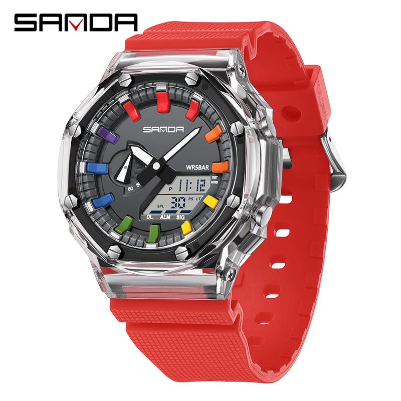 Sanda Octagonal Oak Men s Multifunctional Waterproof Watch with Daylight Saving Time and Transparent Case.