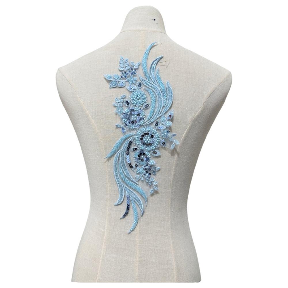 3D Flower Beads Embroidery Patches Lace Sew on Patch Lace Applique Trim Clothes Decoration светло-синий