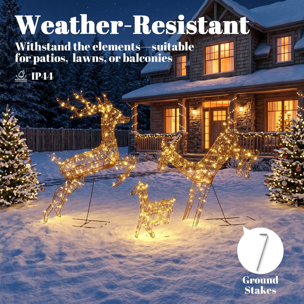 3-Piece Light Up Deer Family Set of 3, Lighted Reindeer Christmas Decorations Outdoor with 200 LED Lights, Brown