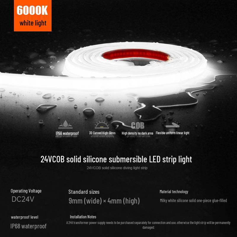

Lirou Super COB Silicone LED Strip Light, 24V, Outdoor Waterproof IP68, No Light Spots, Flexible Linear Design Flexible Strip