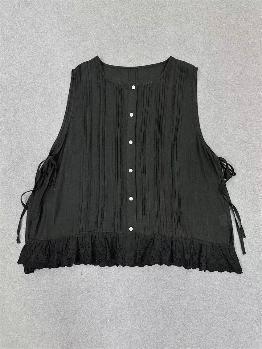 

Женские плиссированные кружевные жилеты Johnature в Корейском стиле Mori, летние многослойные повседневные топы One Size чёрный