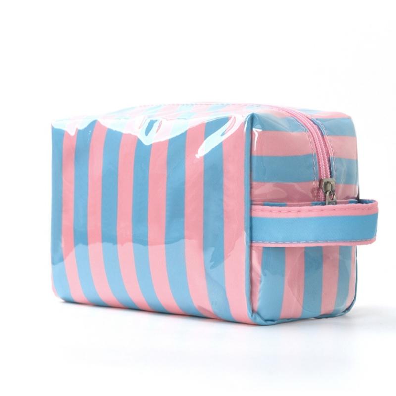 Trendy Pink Stripe Makeup Bag Large Capacity for Lipsticks in Travel Handbag Scenario