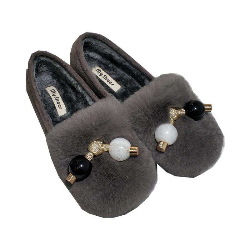Fashion Two Candy bead fur flats woman cozy warm plush loafers winter cotton shoes women 2025 real rabbit fur moccasins large size 35-42