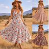 Damen Boho Maxikleid Blumenprint Spaghettiträger V-Ausschnitt Rückenfrei Sommer Strandurlaubskleid