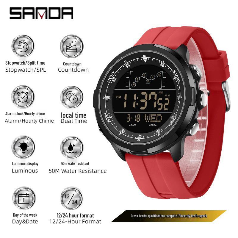 Sanda Sports Fashion Watch: Segmented Timer, Calendar, Luminous Dial, Large Face, Simple Student Design.
