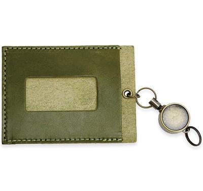 Genuine Tochigi Leather Pass Case with Reel for Men and Women, Made In Japan (Khaki)