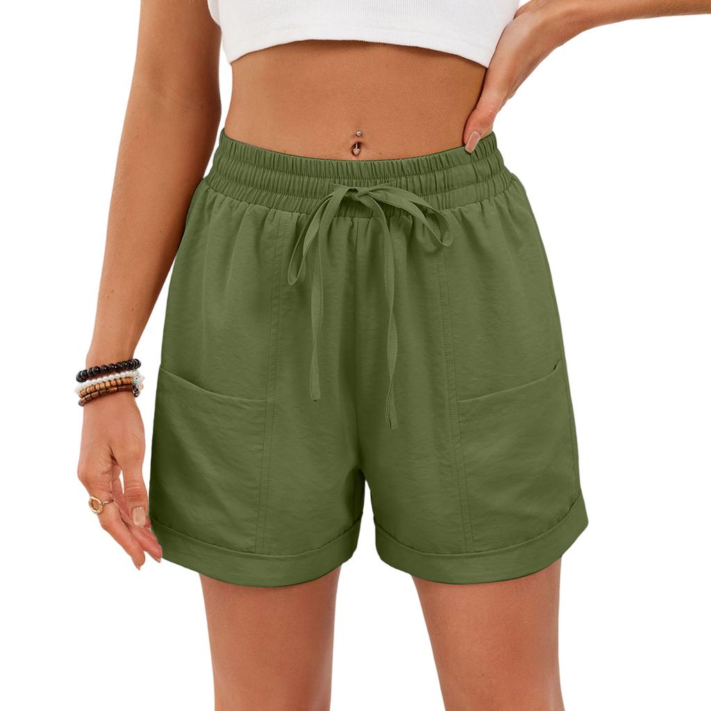 Women's Casual Fashion -Color Elastic Waistband Pocketed Wide-Leg Straight-Cut Shorts