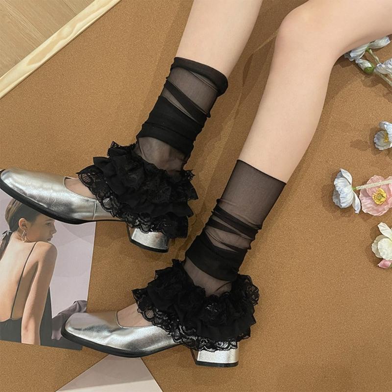 Women Vintage Sheer Mesh Leg Warmer Sleeve Aesthetic Japanese Style Footless Sock Tiered Ruffle Lace Flared Leg Cover