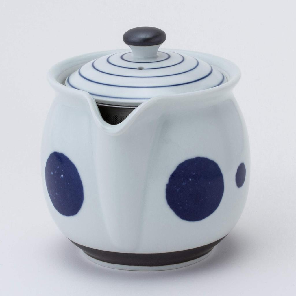 Hasami ware teapot with a round pattern and line pattern (super stainless steel with tea strainer), approximately 450ml capacity, made in Japan,