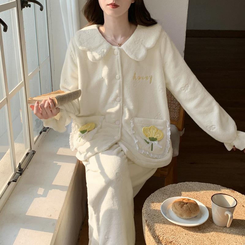 

[D] Winter new doll collar sweet cardigan thickened warm coral fleece pajamas women s spot M