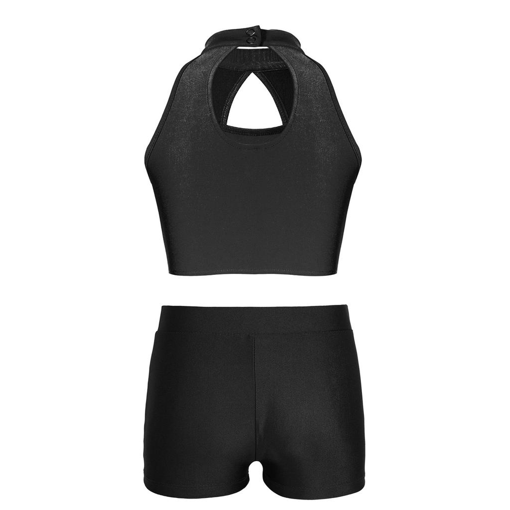 Kids Sleeveless Sequin Patchwork Top Hollow Front Keyhole Back V Waistband Shorts for Dance Competitions Gymnastics Practice