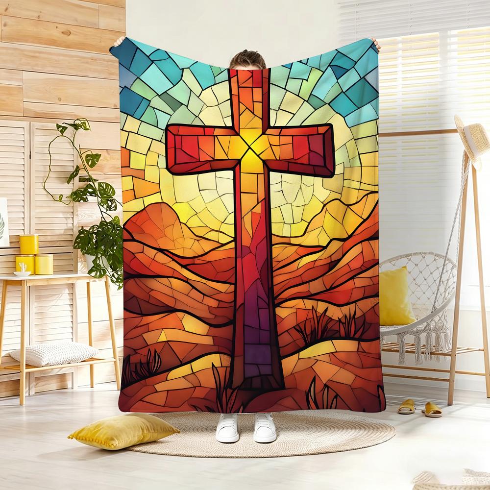 Artwork S-Stained Glass Cross Throw Lightweight 240g Flannel Blanket Soft Skin-friendly for Summer Cooling