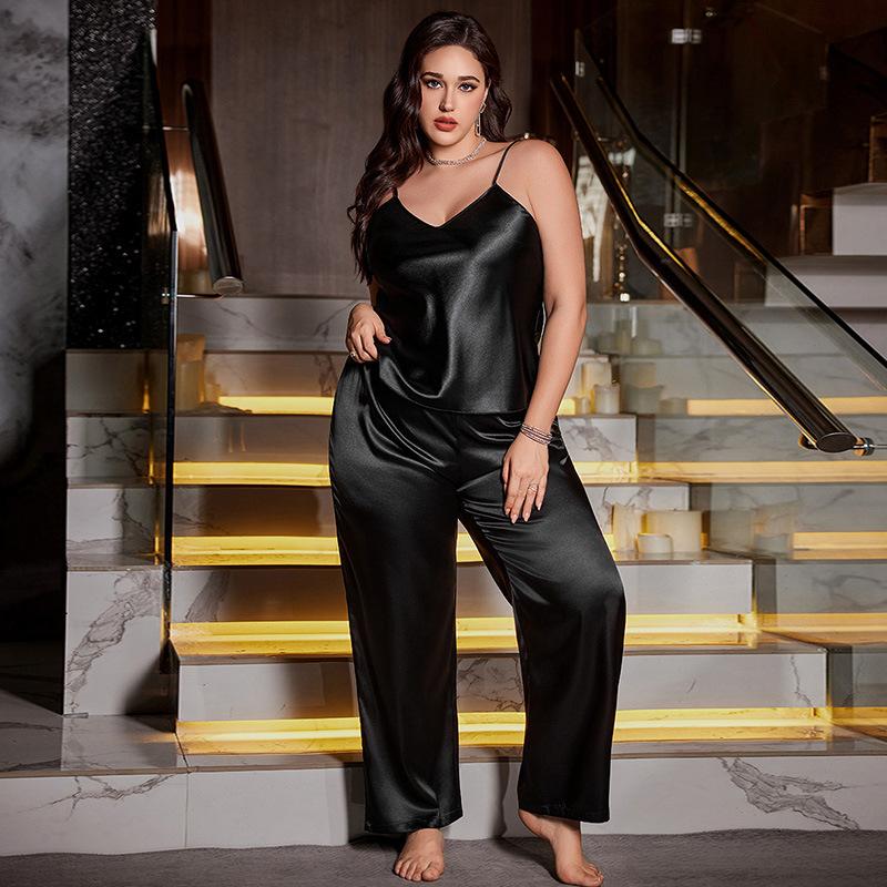 Home Wear Breathable Backless Halter Dress Long Pants Silk-like Pajama Set