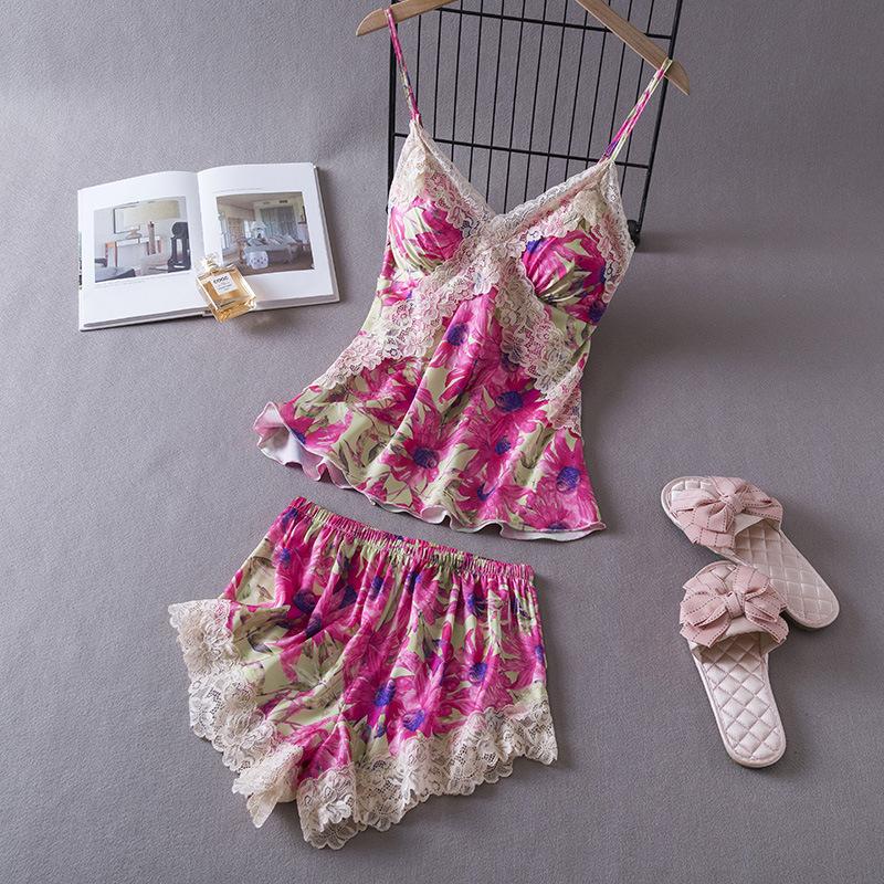 New sexy pajamas women's summer ice silk nightdress suspender shorts loungewear two-piece suit thin Internet celebrity live broadcast