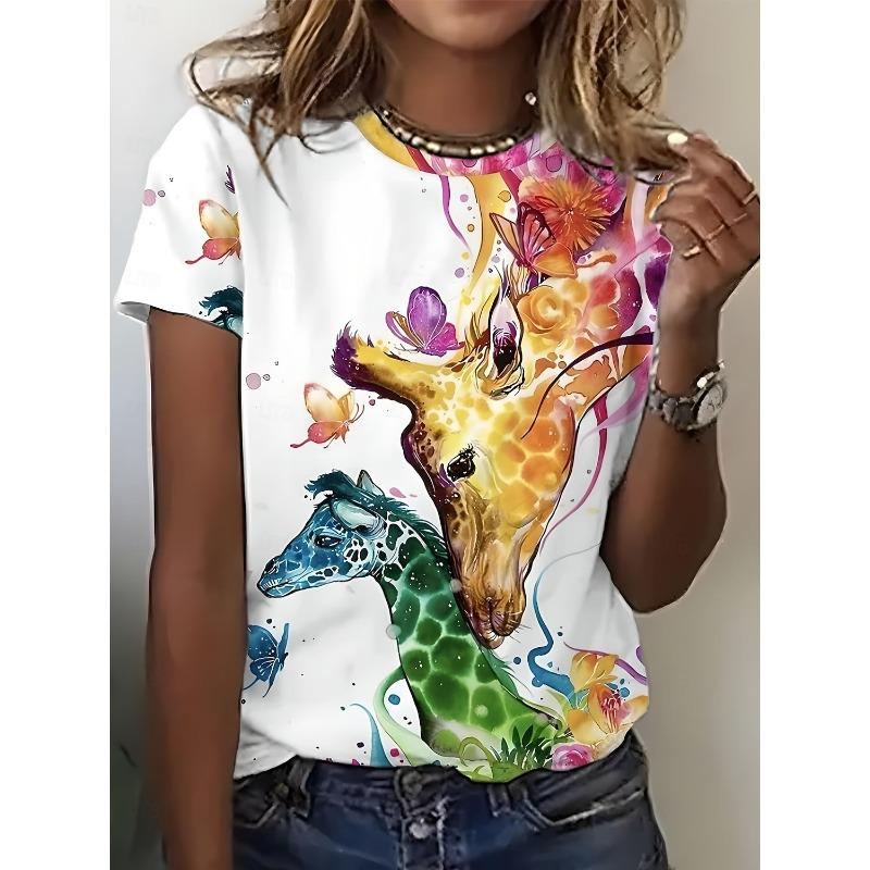 Women's T Shirt Print Graphic Animal Giraffe Vintage Stylish Classic Short Sleeve Crew Neck Round Neck Regular Tops