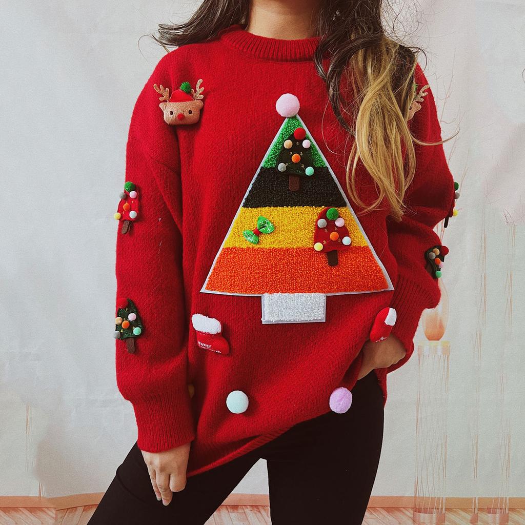 Christmas Sweater Women's Long Sleeved Lazy Style Round Neck Pullover Knitted Sweater