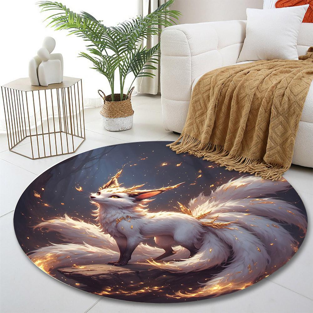 Mystical Nine-Tailed Fox Design Print round rug, living room, bedroom, playroom carpet, non slip floor mat, gift