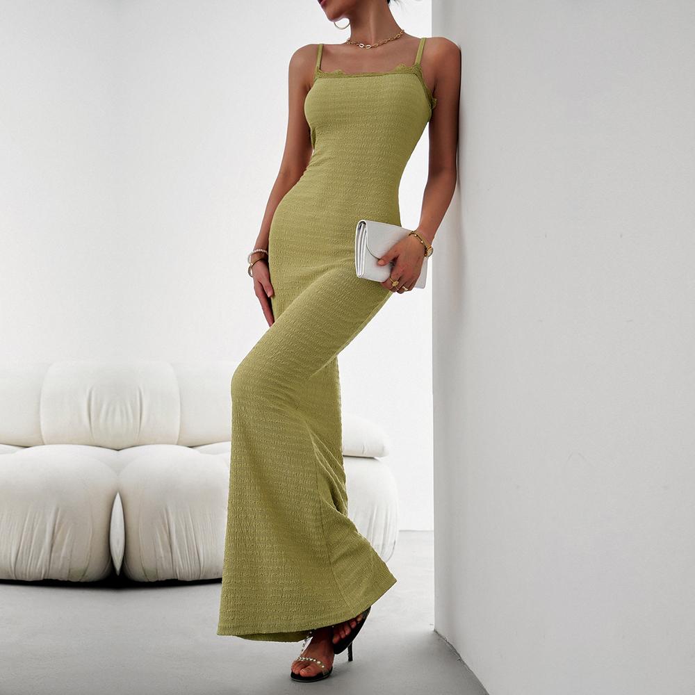 Damen Herbst Neckholder ärmellos einfarbig Sexy Fit Slim Strap Langes Kleid