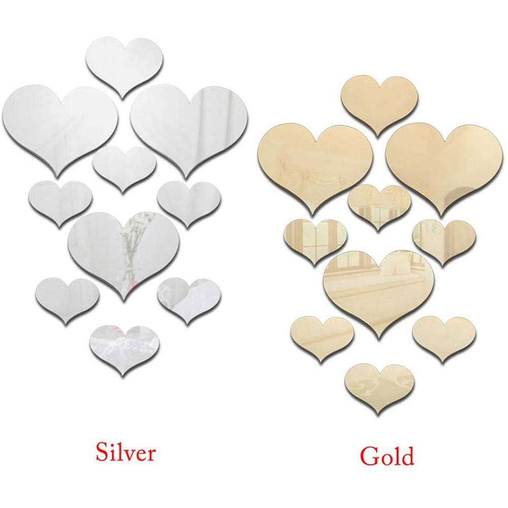 10PCS Heart Shaped Mirror Wall Sticker 3D Mirror Art Decor DIY Wall Decoration