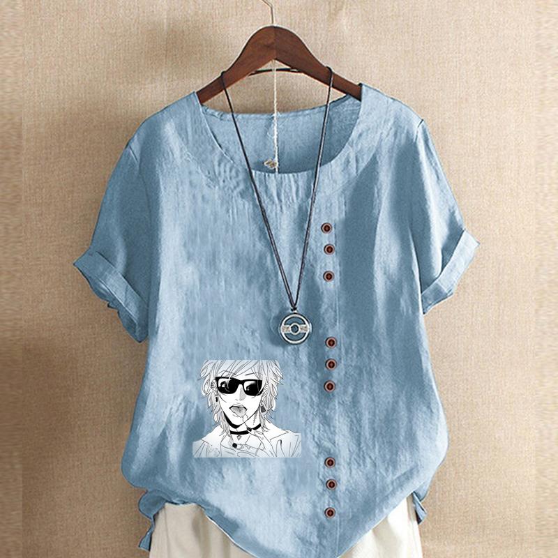 Women's Fashion Round Neck Short Sleeve T-shirt Casual Cotton Linen Graphic Shirt Leisure Loose Cool Boy Prined Summer Blouse Tops
