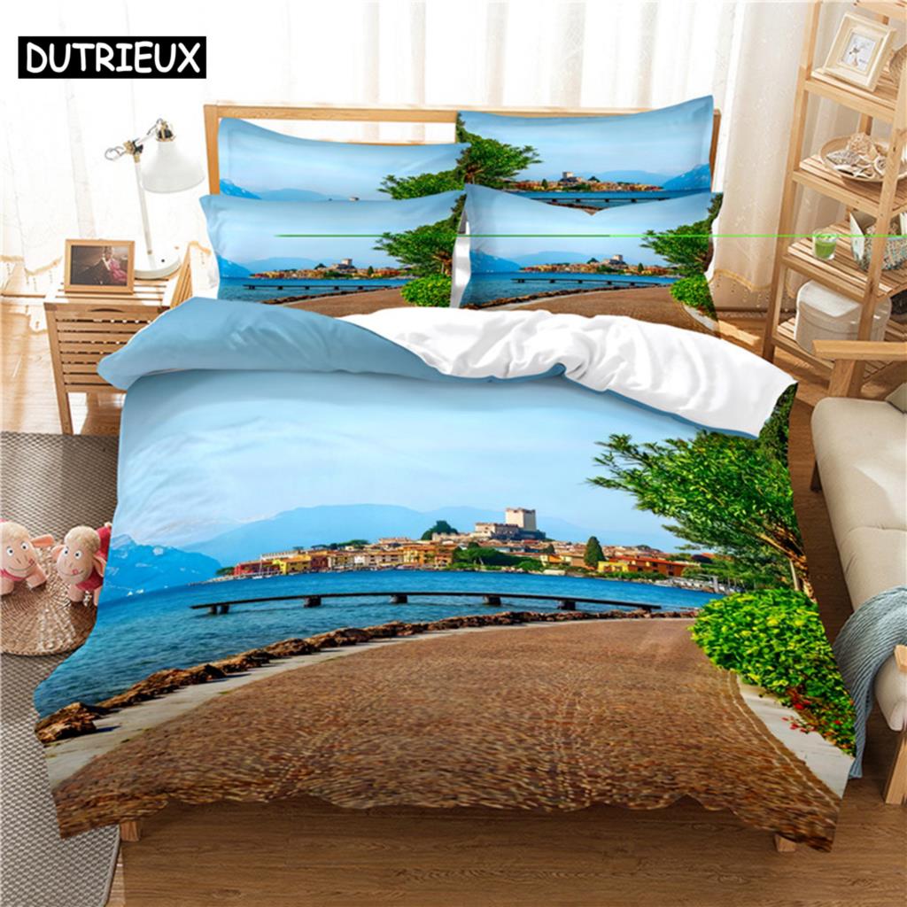 3D Digital-Printed Beach Coconut Tree-Themed Duvet Cover Set In Queen Size - Fashionable Bed Linen Design