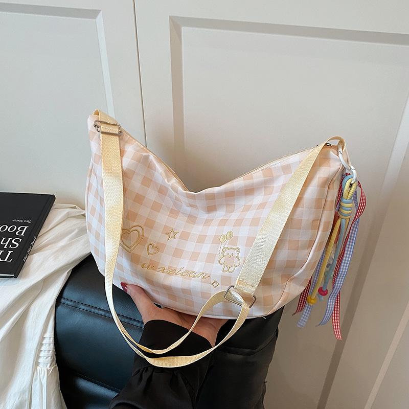 Checkered Canvas Bag for Women, Small and Fresh Embroidered Versatile Shoulder Bag, Large Capacity Commuting Crossbody Bags