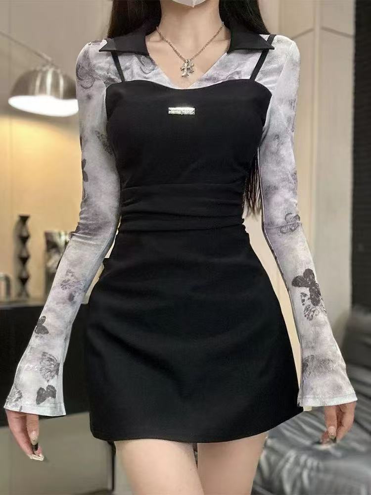 

Sexy pure desire print dress summer POLO collar long sleeve slim and thin A-shaped skirt temperament charming S чёрный