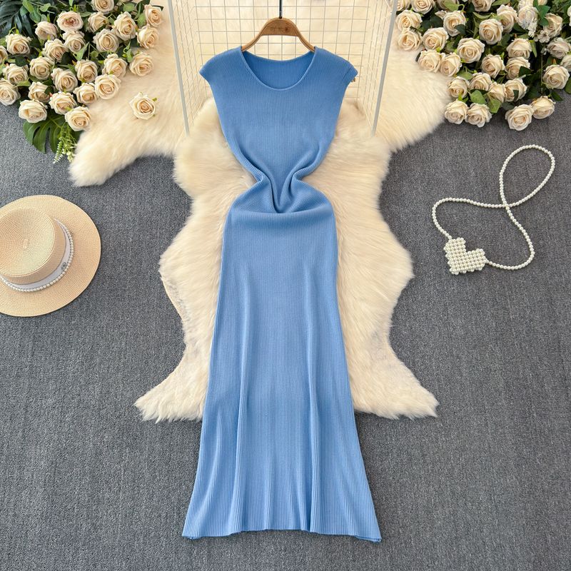 2024 Summer New Arrival Temperament Crew Neck Sleeveless Stretch Waist Hip-Lifting Knitting Dress Mermaid Dress Sheath Dress for Women