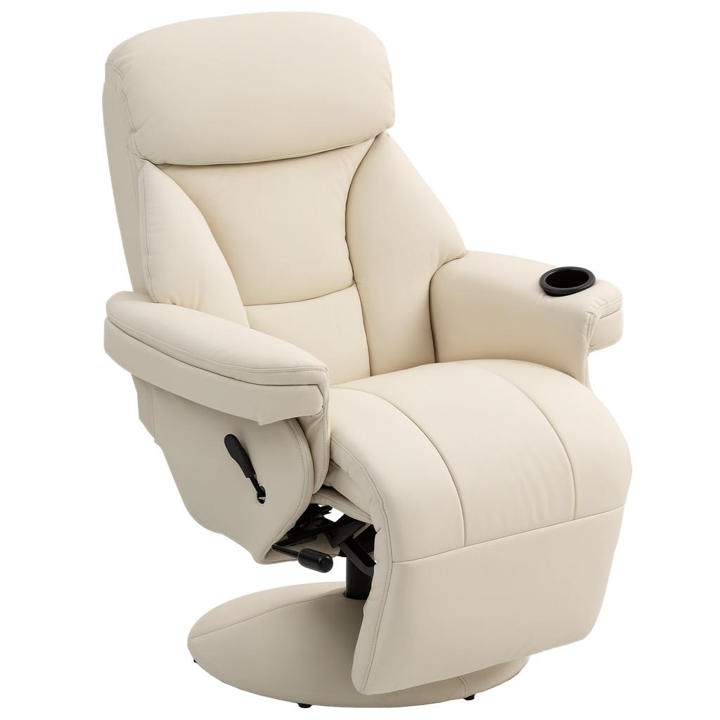 Manual Recliner Chair with Footrest, Upholstered Reclining Armchair with Adjustable Backrest and Cup Holder, PU Leather Swivel Chair for Living Room