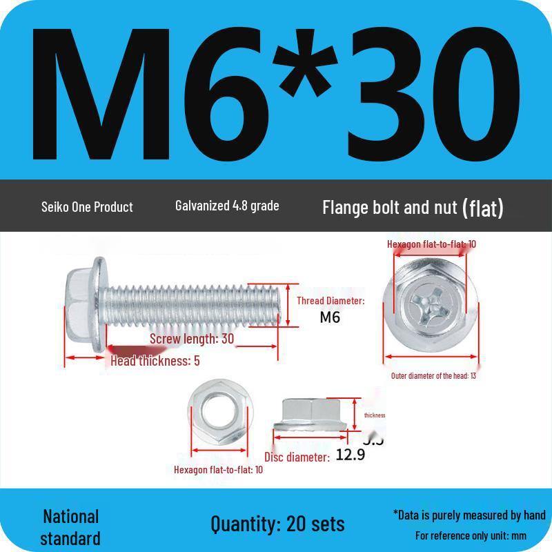 4.8 Grade Galvanized Hex Bolt Set with Anti-slip Washer & Nut, Cross Flange Head, M4/M5/M6/M8mm