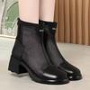 Women Block Heel Mesh Ankle Boots Thick Sole Non Slip Round Toe Breathable Spring Summer New High Top Zippers Cool Boots