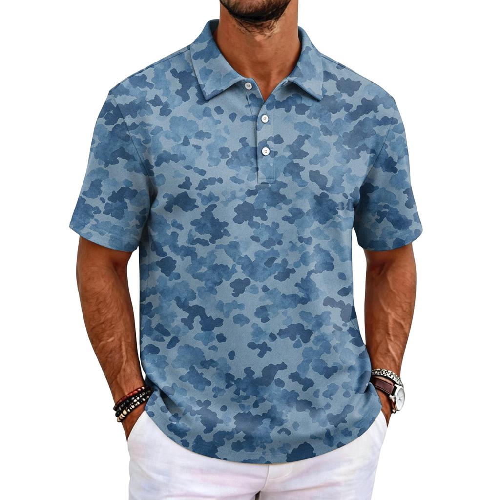 Men's Camouflage Polo Shirt Slim Fit Short Sleeve Business Casual Collar Buttoned Front Breathable Fabric Lightweight Design