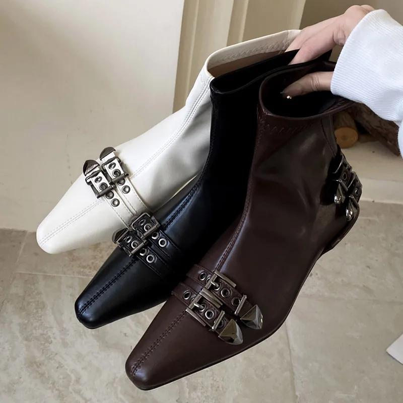 Eilyken New Winter Fashion Pointed Toe Women Ankle Boots Belt Buckle Square Low Heels Comfortable Soft Leather Zipper Shoes
