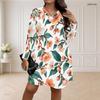 Women Plus Size V Neck Long Sleeve Floral Printed White Loose Curved Hem Dress