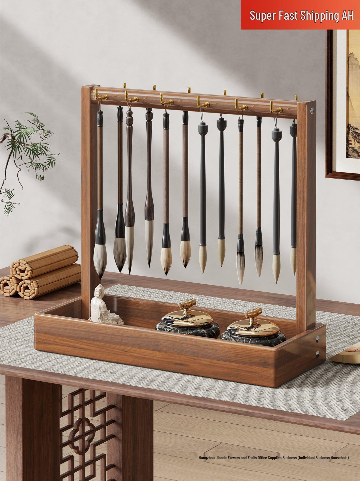 Desktop Calligraphy Brush Holder: Large Capacity Solid Wood Rack for Students and Beginners Six Hooks [Solid Wood]
