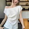 Texture Fabric Women's T-shirt Solid Color Asymmetrical Shoulder Short Sleeved Tees Korean Style Summer New Version Slim Fit Female's Top