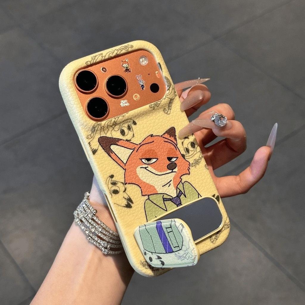 Applicable Apple 17PRO Couple Mobile Phone Case Judy Nick iPhone16 Cartoon Leather Pattern Mirror Bracket Case