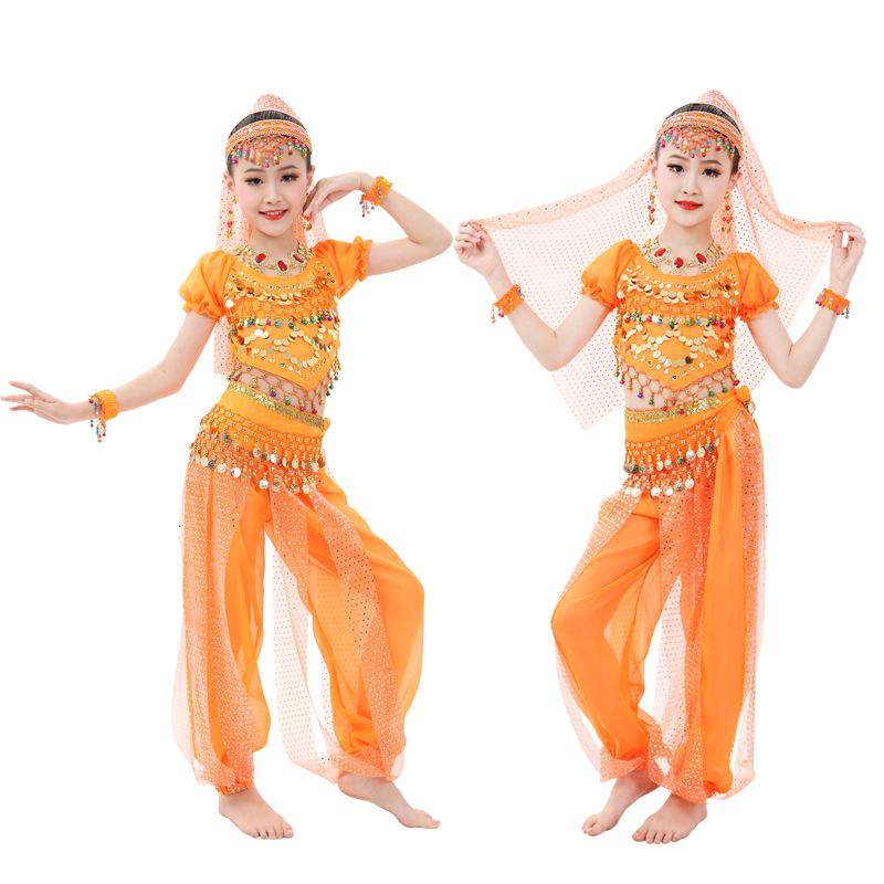 

Indian Dance Belly Stage Costumes Children s Performance Costumes Children s Children s Day Costumes Fish Scale Short-sleeved Highlight Pants S 90-120cm