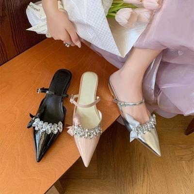 Modne szpiczaste sandały Baotou z cyrkoniami na wewnętrznej platformie, damskie letnie nowe płytkie z odkrytą piętą, buty na koturnie