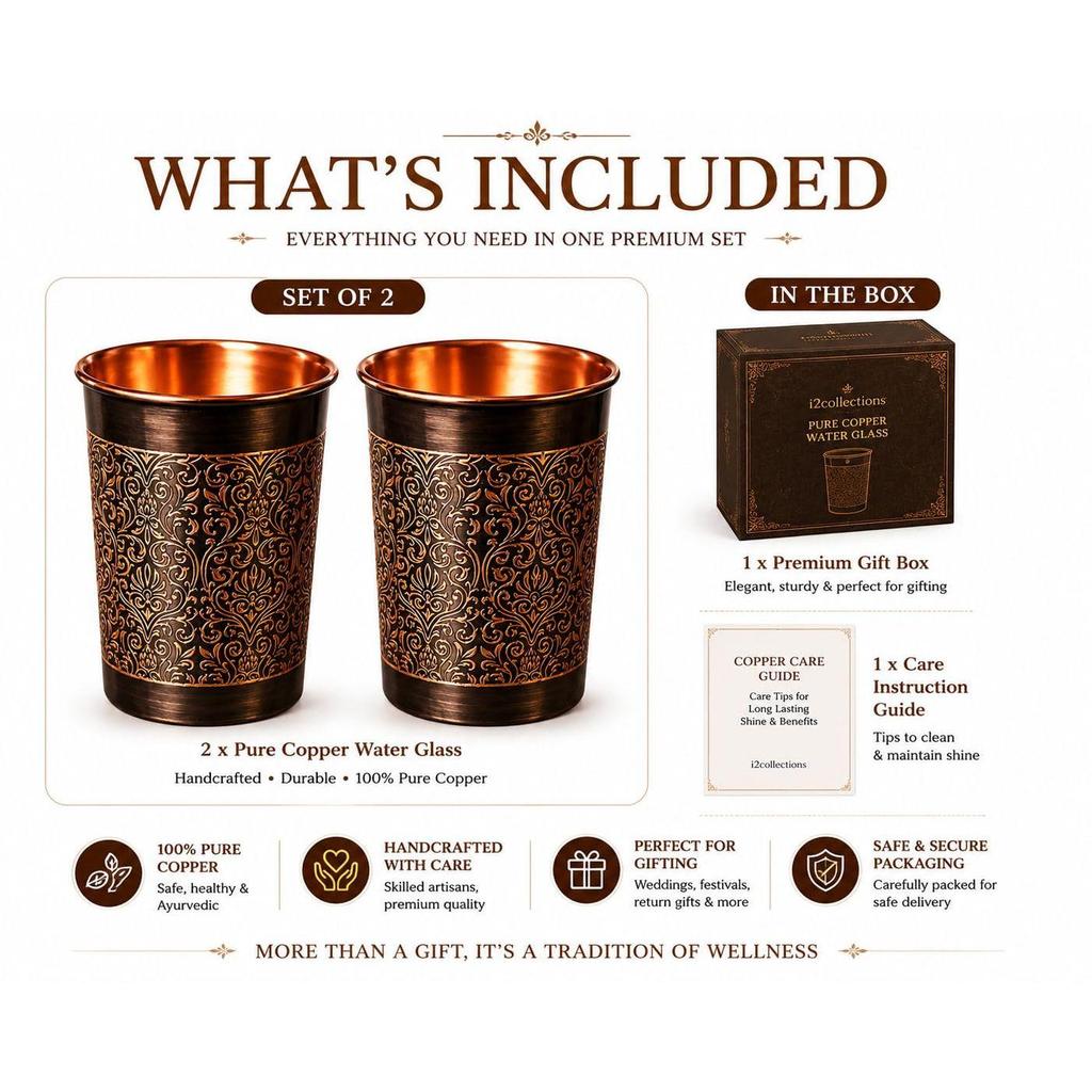 Pure Copper Water Glass Set of 2 with Elegant Etching Design, Handmade Ayurvedic Drinking Tumblers for Daily Use, Dining