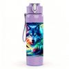 1PC Glowing Galaxy Wolf Head Print 750ml Color Plastic Sports Water Bottle Leakproof Flip Straw Lid Suitable for Sports Office Home Use
