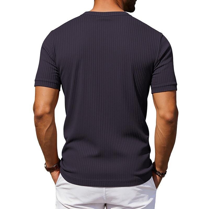 Men Retro Casual Ribbed Henley Short Sleeve Sports T Shirt