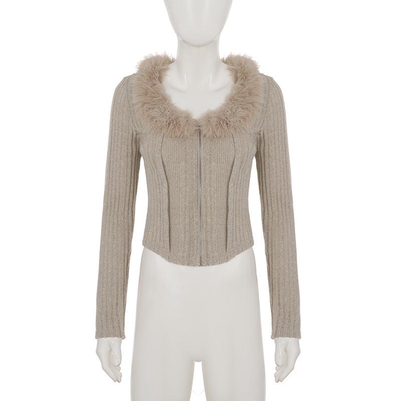 European and American Casual Fur Collar Zipper Knit Cardigan Sweater for Women