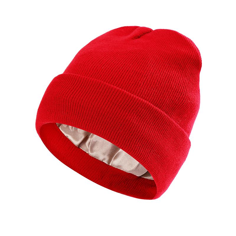 European-American Autumn/Winter Silk Satin Knitted Hat: Hairstyle Protection & Warmth