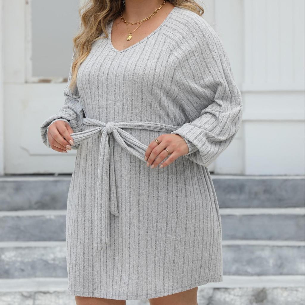 Women's Autumn and Winter Big Size Striped V-neck Casual Bottoming Simple Dresses