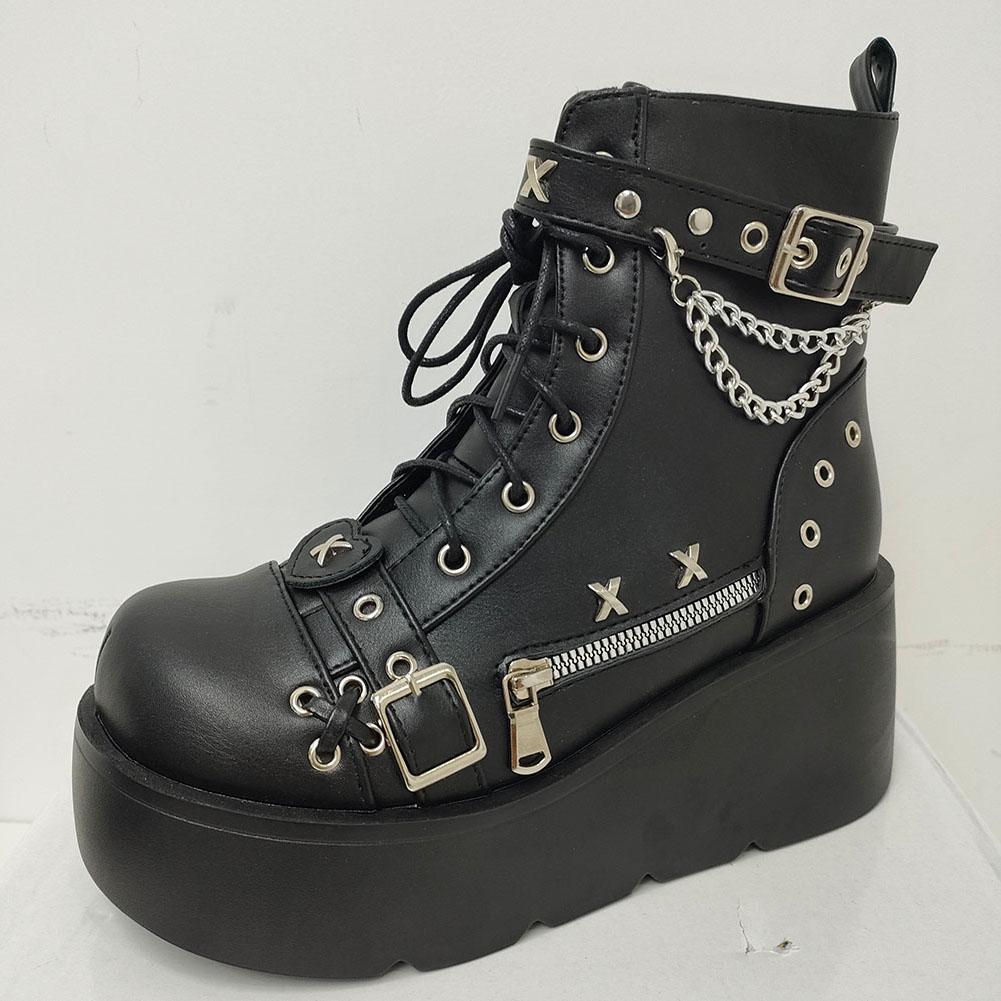 Fashion Brand New Ladies Goth Platform Ankle Boots Fashion Buckle Zip Rivet Punk Wedges High Heels Womens Boots Party Street Woman Shoes
