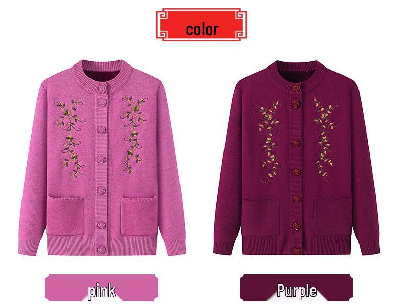 Dámský plusový sametový zesílený kardigan - Jarní a podzimní pletený svetr pro středního věku a starší