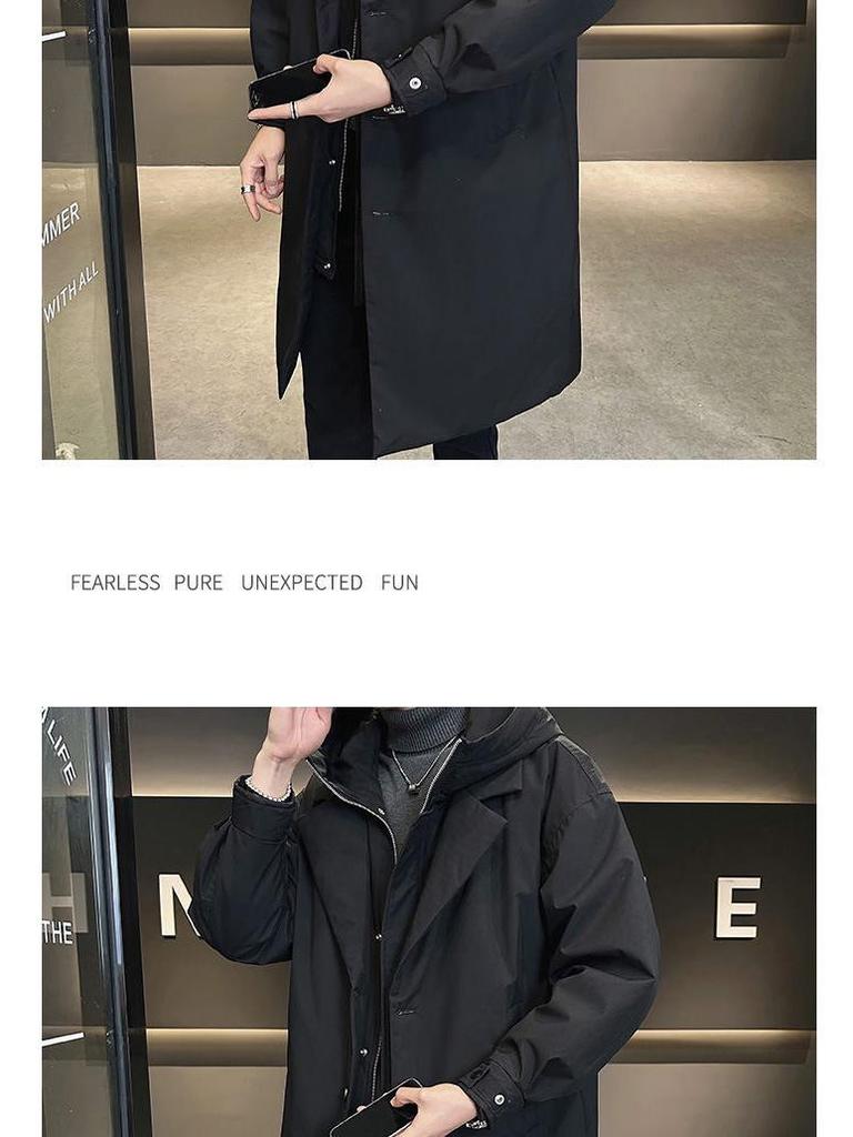 Men's Winter Hooded Mid-Length Down Jacket, Faux Two-Piece Windbreaker, Trendy Thickened Plus-Size Coat